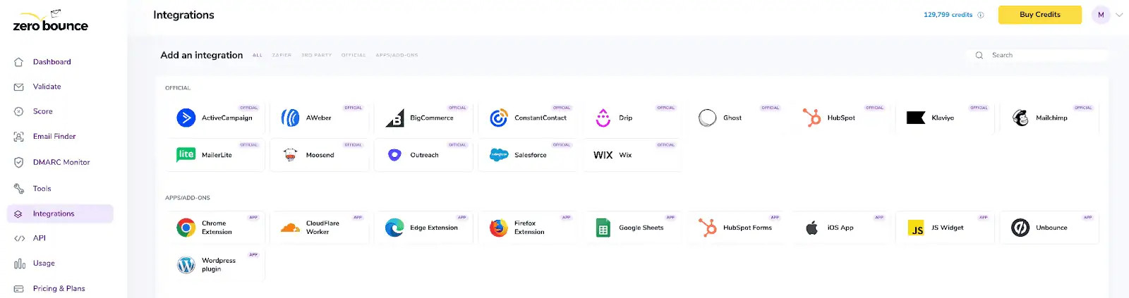 ZeroBounce Integrations Dashboard