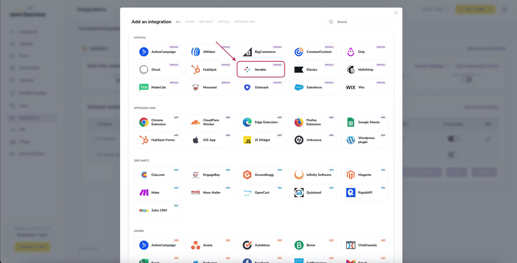 A popup greets you after selecting Iterable integration.