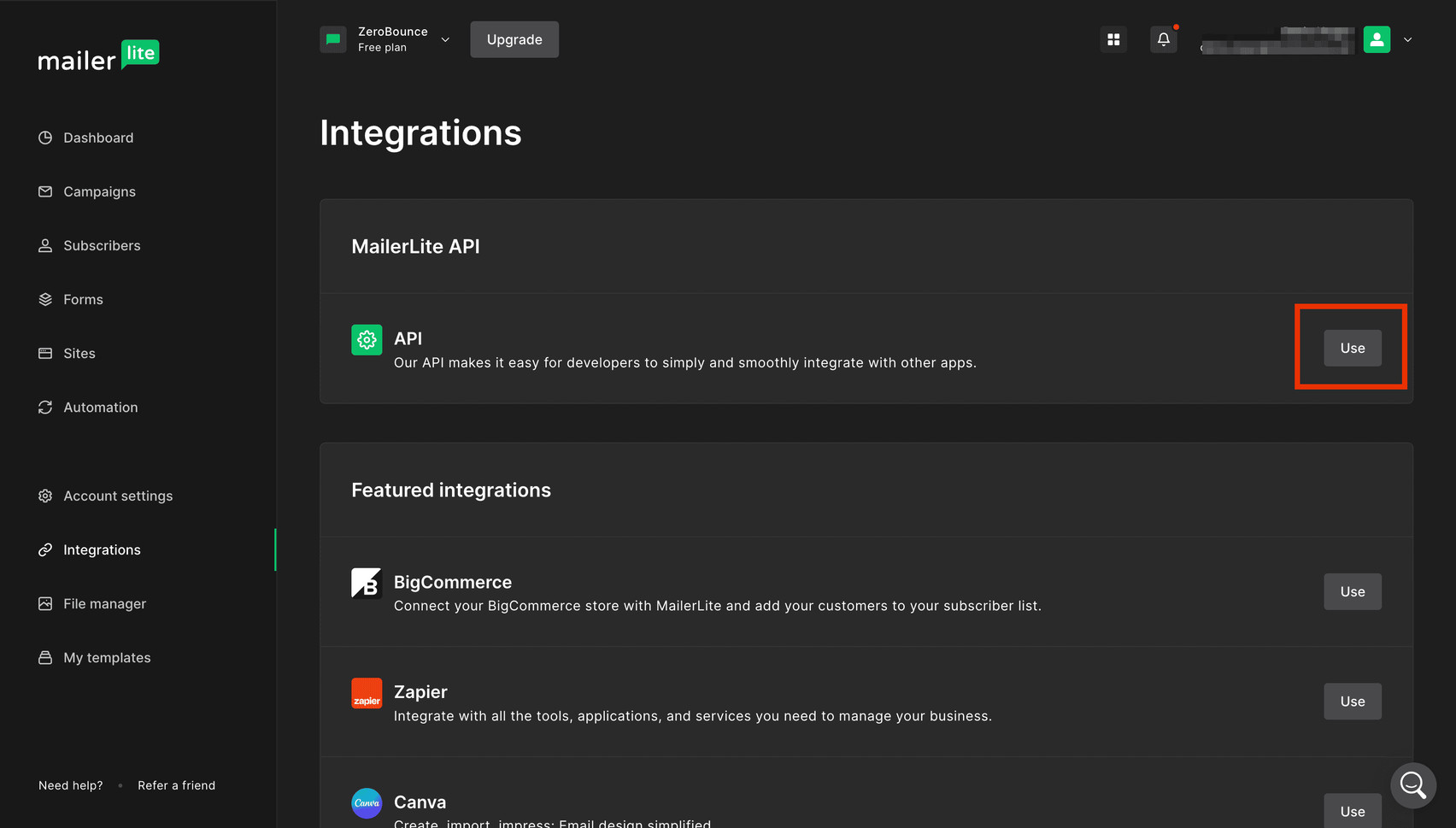 MailerLite integrations page