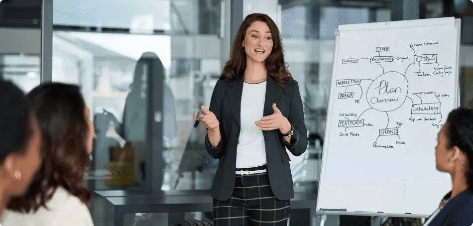 A woman in a grey blazer and white top stands in front of three team members and presents a plan overview on a whiteboard to her left.