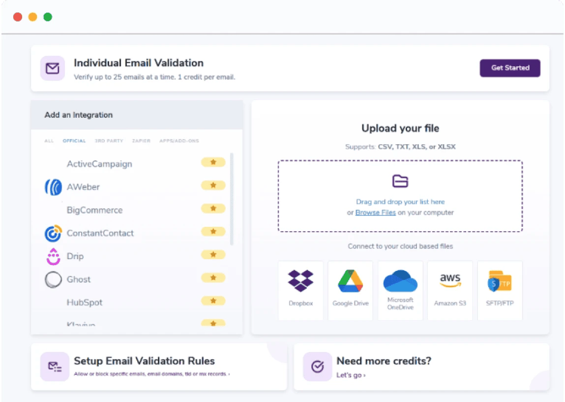 The ZeroBounce email validation menu that includes an integration menu, file upload screen, and a 'Get Started' button for individual email validation.