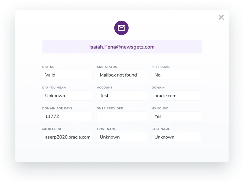 ZeroBounce email verification results showing status, account, domain, name, and more data