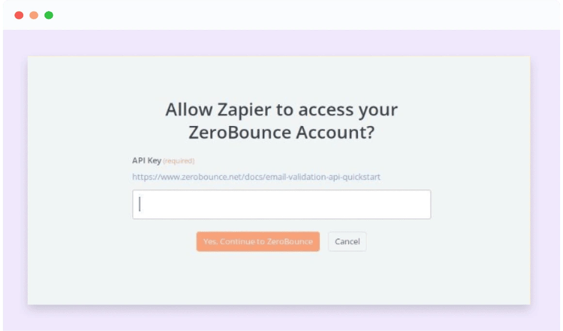 A Zapier authorization screen that grants the platform access to your ZeroBounce account.