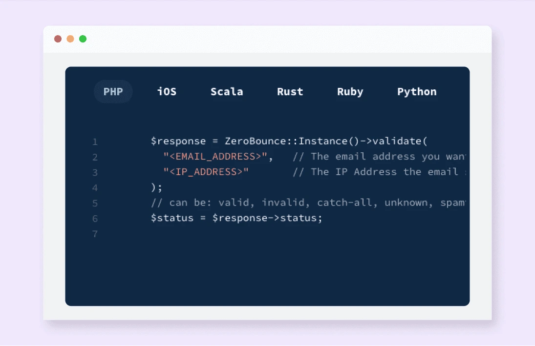 The ZeroBounce API code in PHP