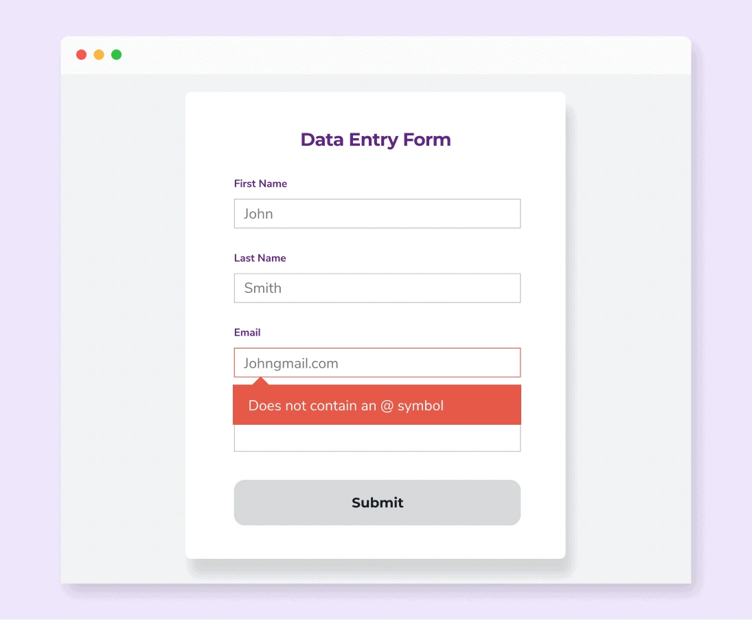 Un formulario de entrada de datos con 'John Smith' ingresado como nombre y 'johngmail.com' ingresado como correo electrónico con el mensaje de error "No contiene un símbolo @".