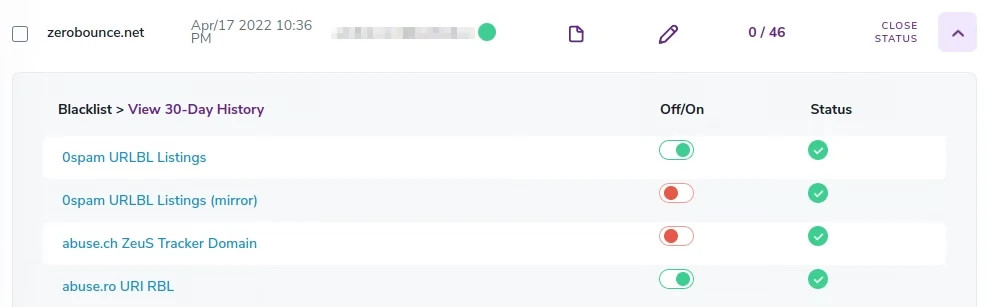 A list of 4 email blacklist services, including 0spam, abuse.ch, and abuse.ro in the ZeroBounce ,[object Object],.