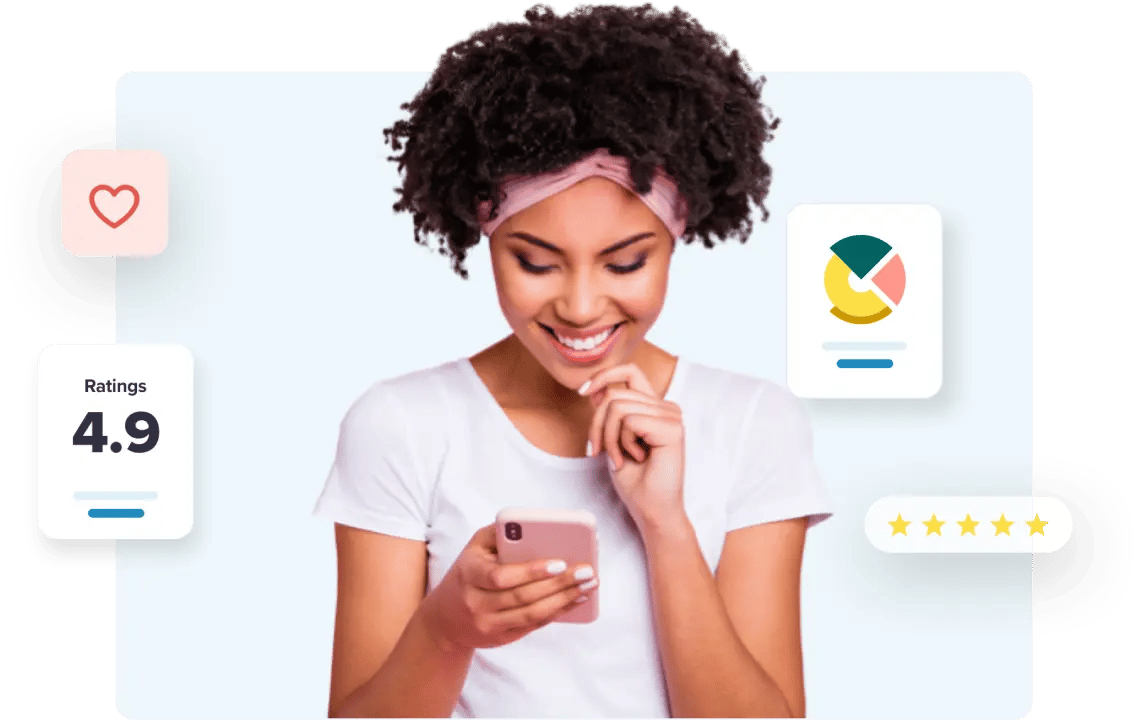 Mujer utilizando la calculadora de ingresos de correo electrónico desde su teléfono móvil