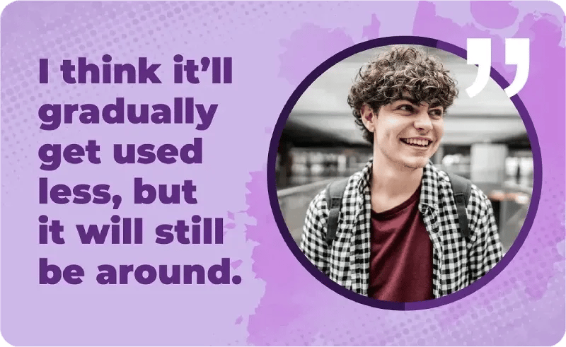 Un joven con camisa roja y camisa abotonada a cuadros junto a la cita: "Creo que poco a poco se usará menos, pero seguirá existiendo".