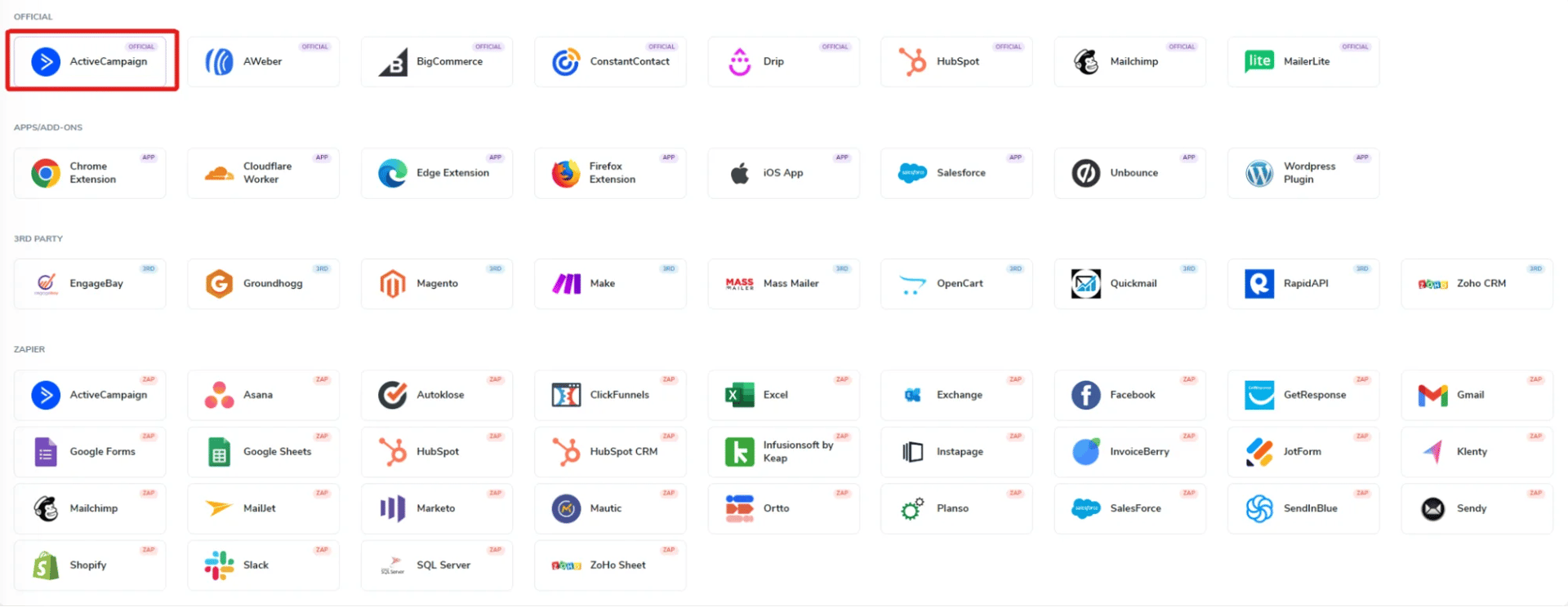 The ZeroBounce integrations section with ActiveCampaign highlighted in red