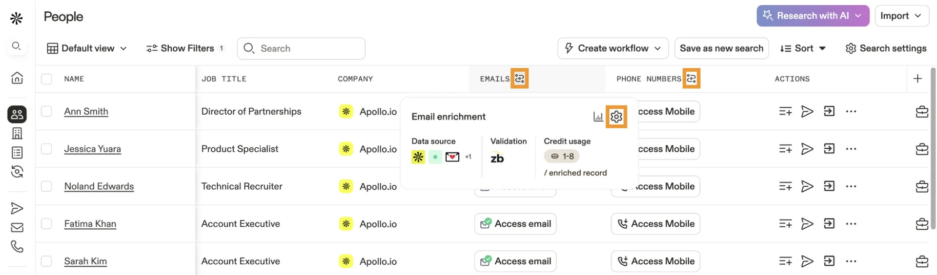 The Apollo People dashboard with ZeroBounce selected as a validation source.