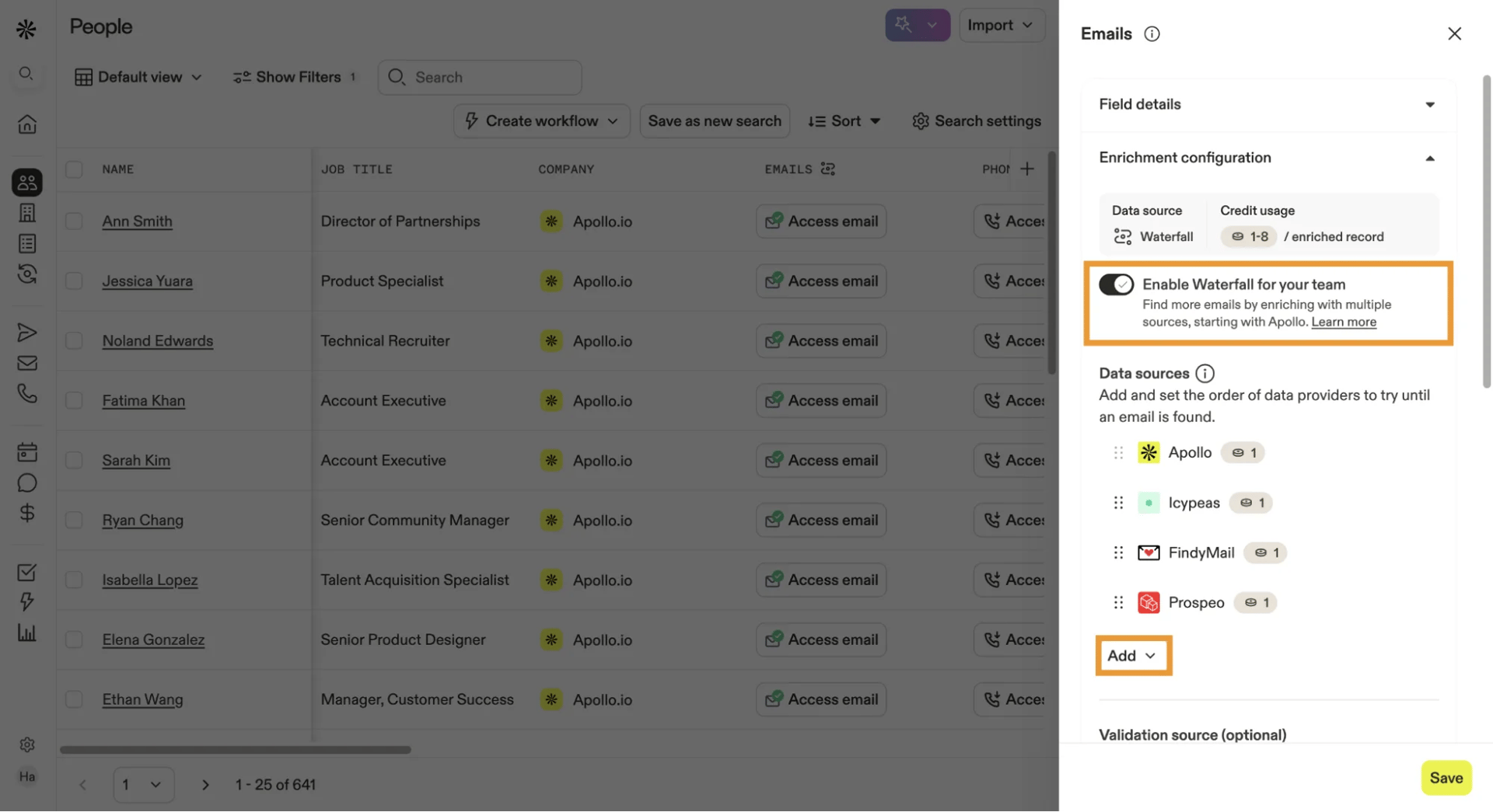 The toggle to enable Waterfall enrichment for emails within the Apollo dashboard settings.