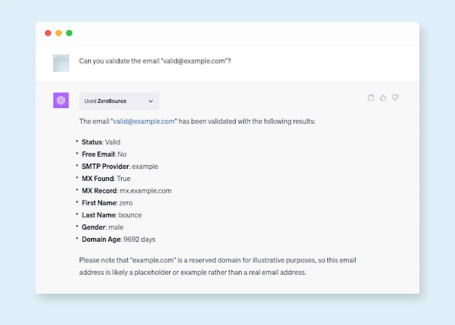 Captura de pantalla de ChatGPT brindando los resultados de la verificación de correo electrónico para el correo electrónico 'valid@example.com'