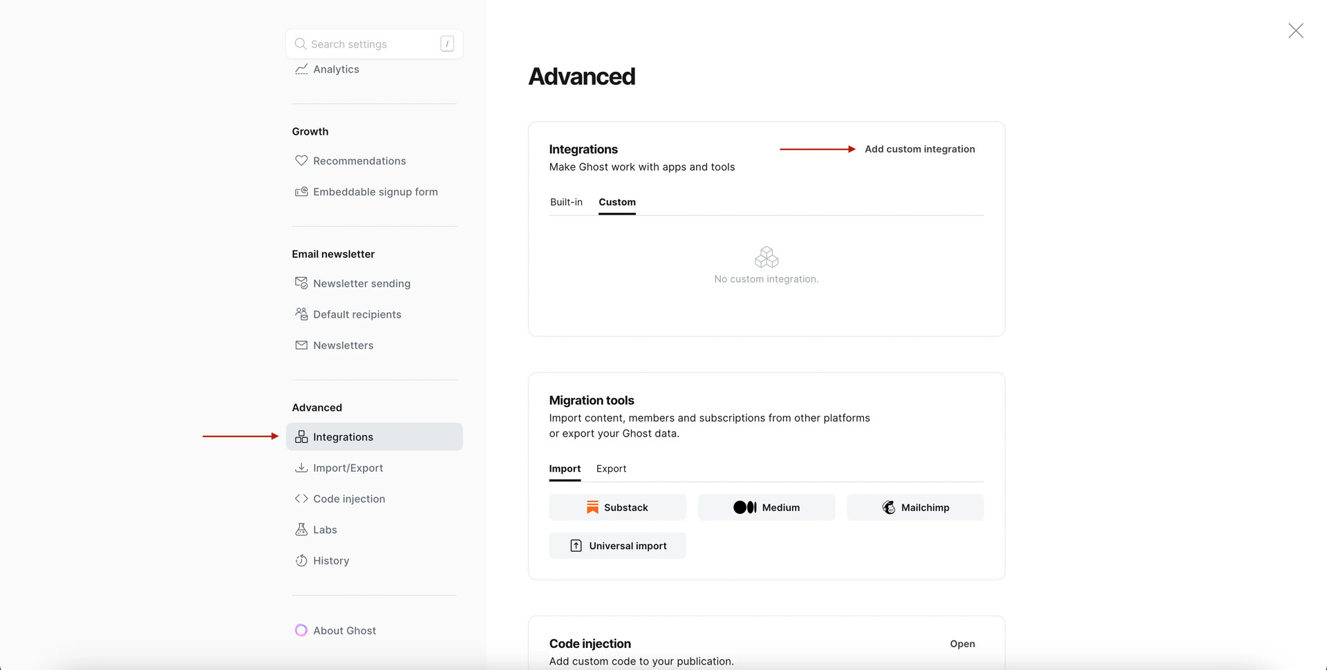 The Ghost settings screen with arrows pointing to Integrations, Add custom integration.