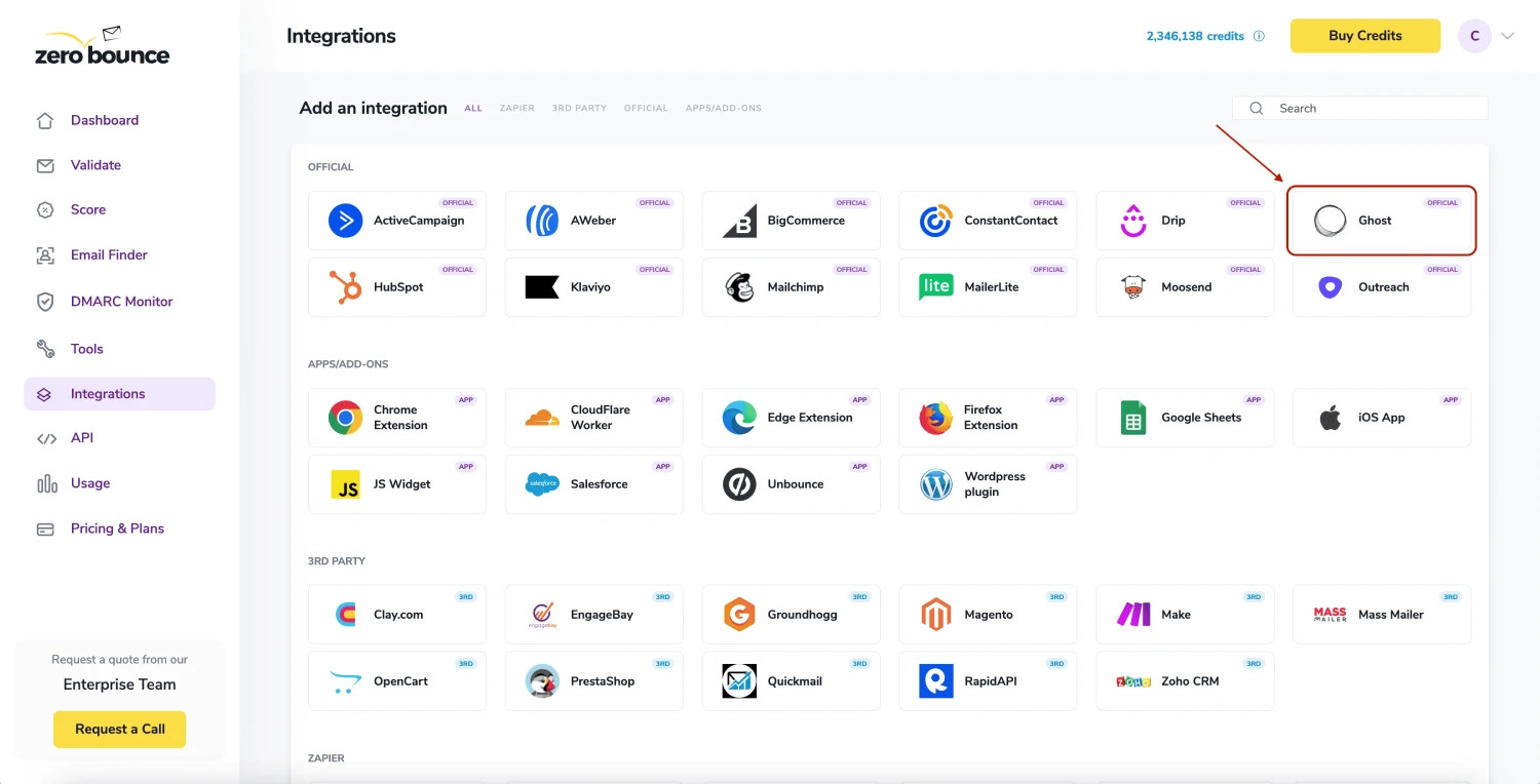 The ZeroBounce integrations dashboard with a red box and arrow pointing to the Ghost integration.
