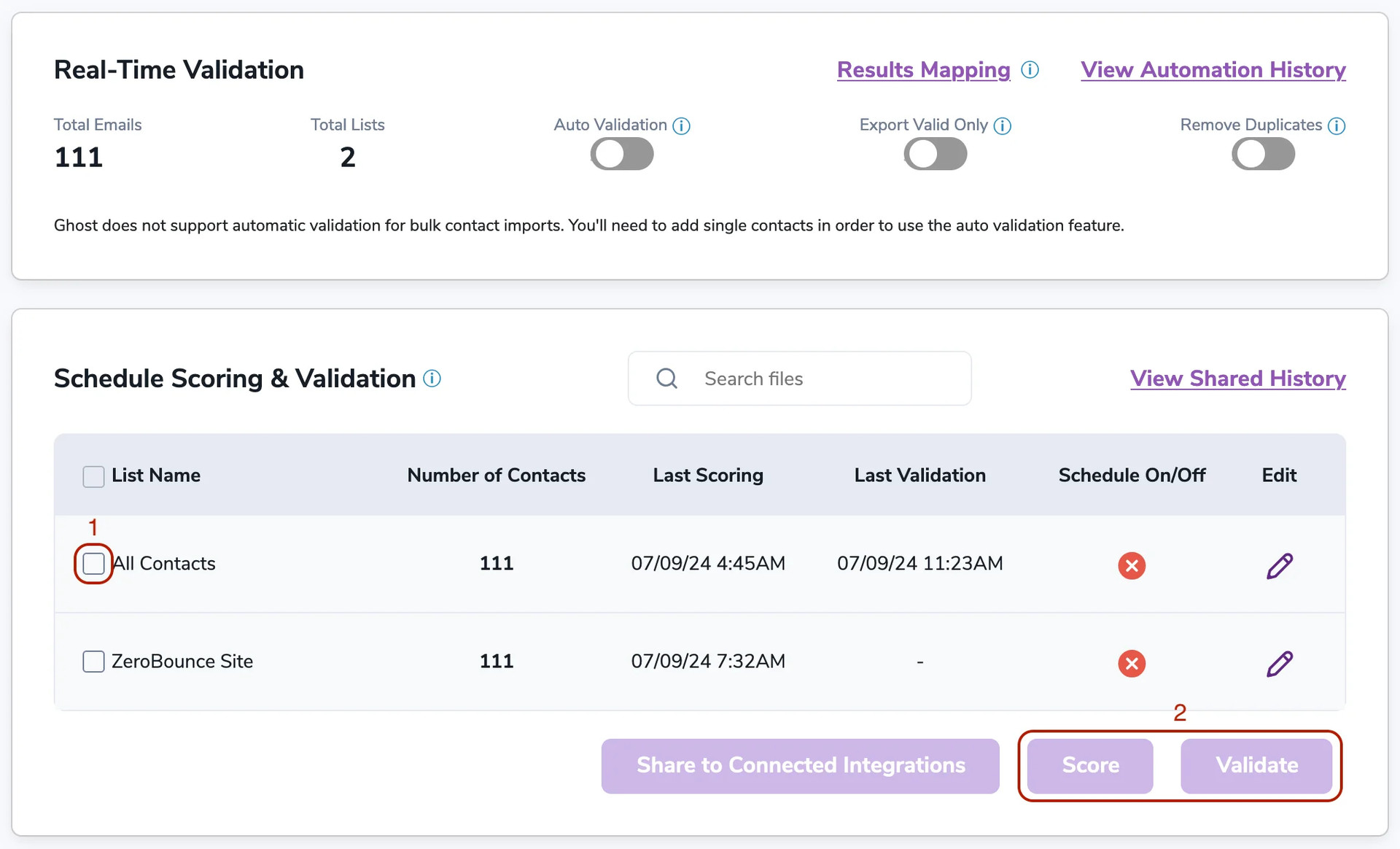 The ,[object Object], and Schedule Scoring & Validation menus for the ZeroBounce Ghost integration.