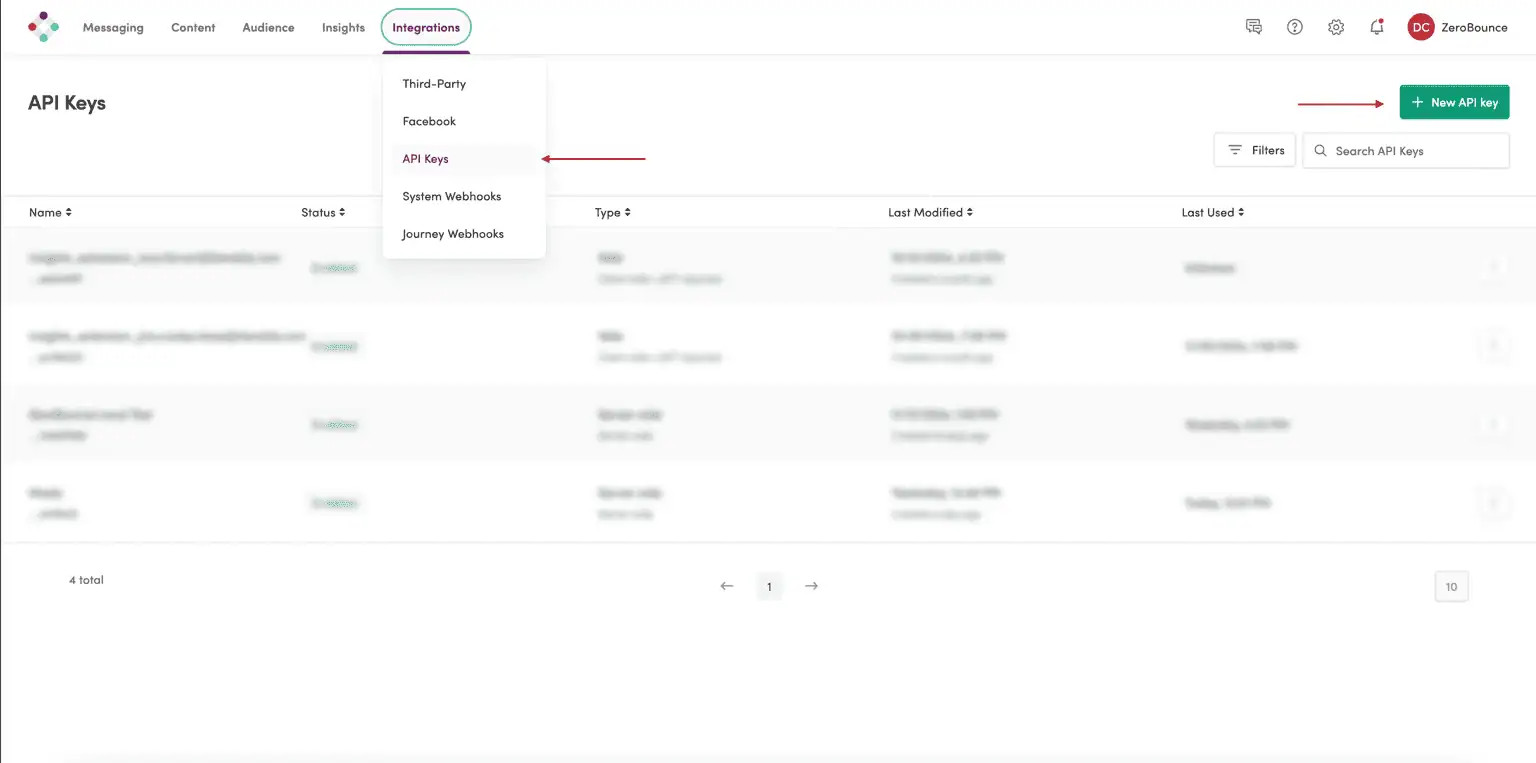 La cuenta de Iterable con Integrations > API Keys resaltado.