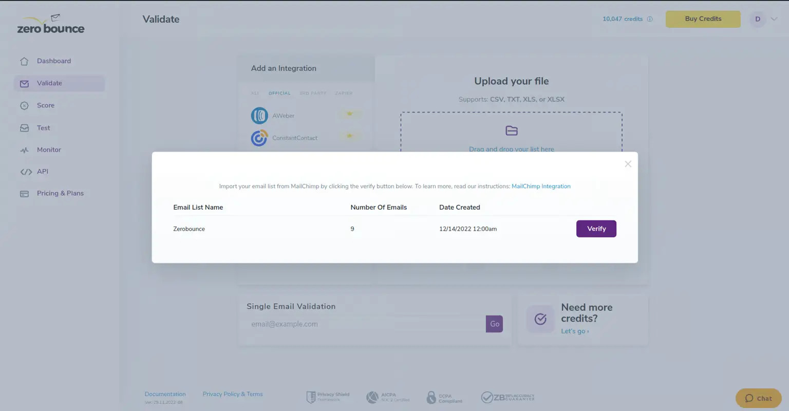 Elija la lista de correos electrónicos de Mailchimp que desee limpiar y comience la verificación.