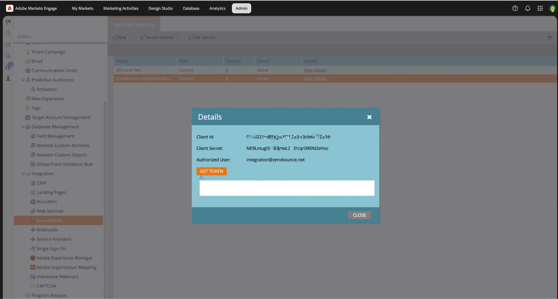 Detalles del servicio para un usuario API en Adobe Marketo.