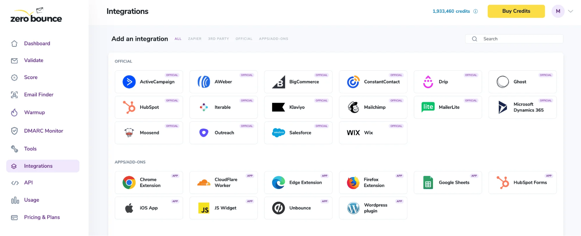 El menú Integraciones de ZeroBounce.