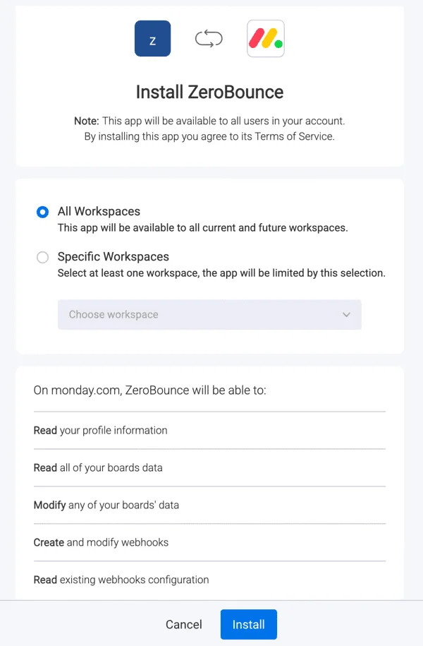The installation screen for the ZeroBounce app on Monday.com.