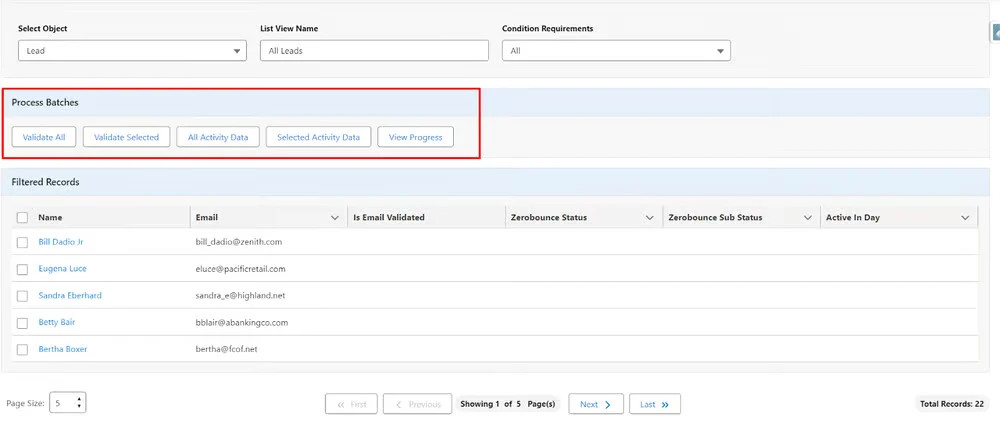 The new ZeroBounce Salesforce app dashboard which shows a list of email records and options to validate all, validate selected, manage activity data, and view progress