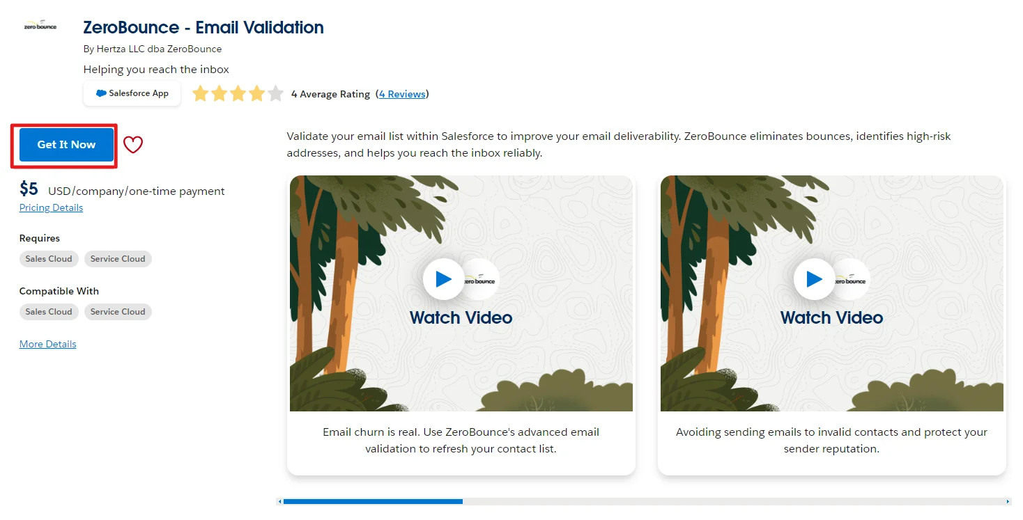 La aplicación de validación de correos electrónicos de ZeroBounce que aparece en la lista de Salesforce App Exchange con el botón "Get It Now" (Obtenerla ahora) resaltado