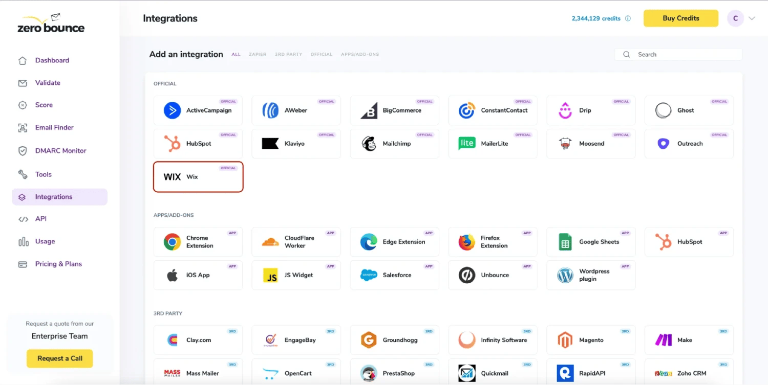 Un contorno rojo sobre la integración oficial de ZeroBounce con Wix en el panel de control de ZeroBounce.