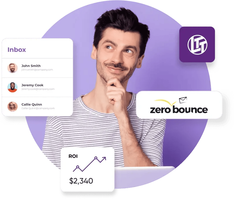 A man in a white and black striped shirt holds his hand to his chin in front of a purple background next to the Linus Tech Tips logo, the ZeroBounce logo, an email inbox, and an ROI chart projected upwards and $2,340 in revenue.
