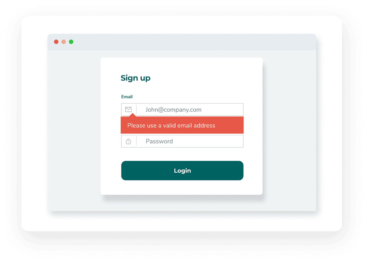 A basic account signup screen protected by email verification, which shows the message “Please use a valid email address” for the entered email.
