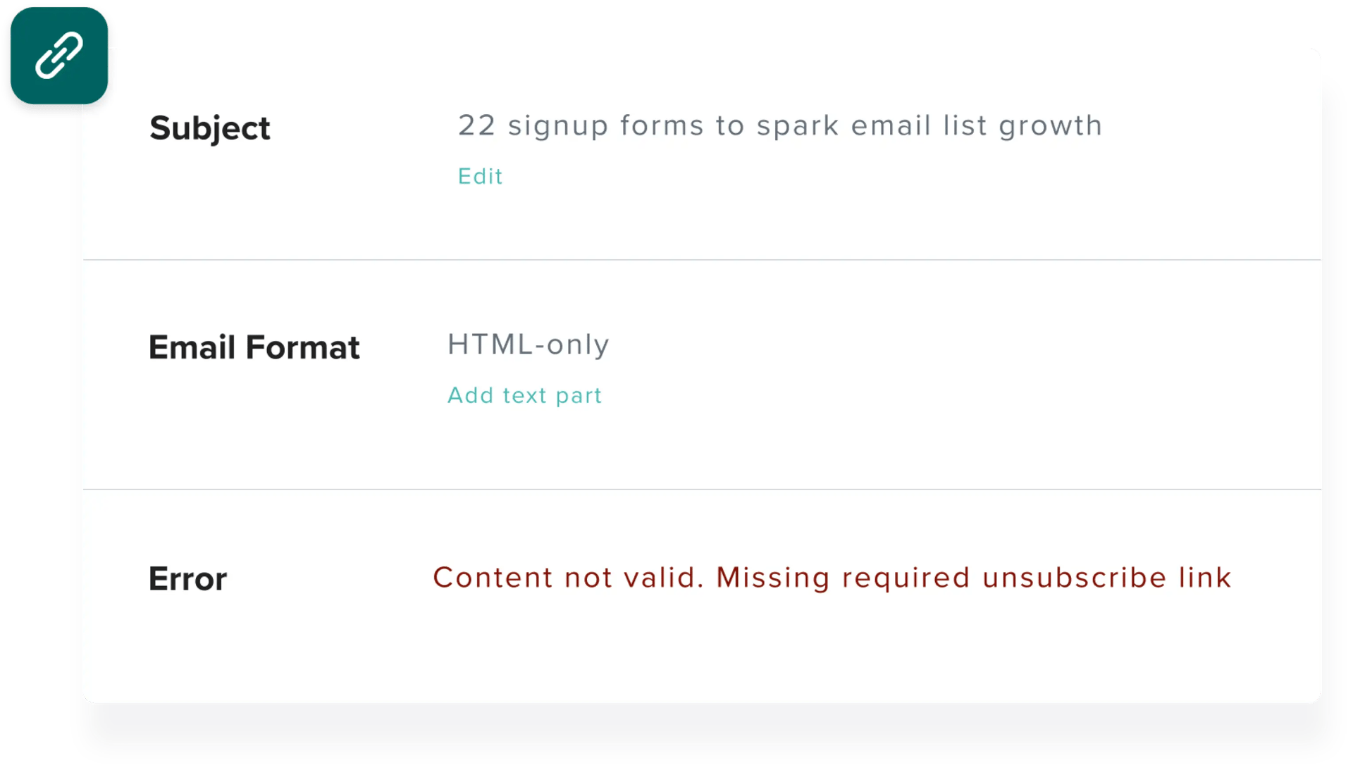 Email service provider warning reminding you to provide a required email unsubscribe link to avoid spam complaints