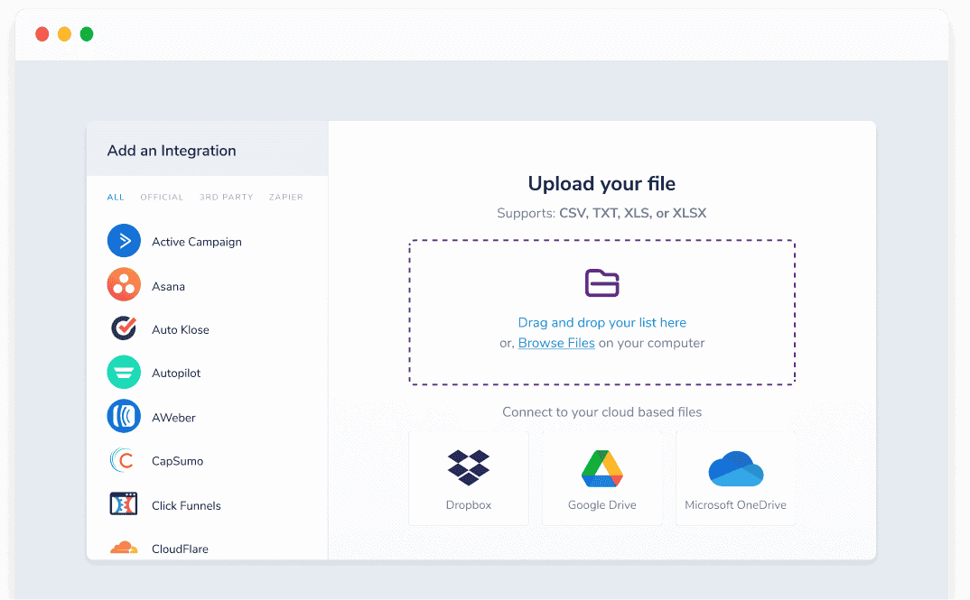 The ZeroBounce email verification file upload screen.
