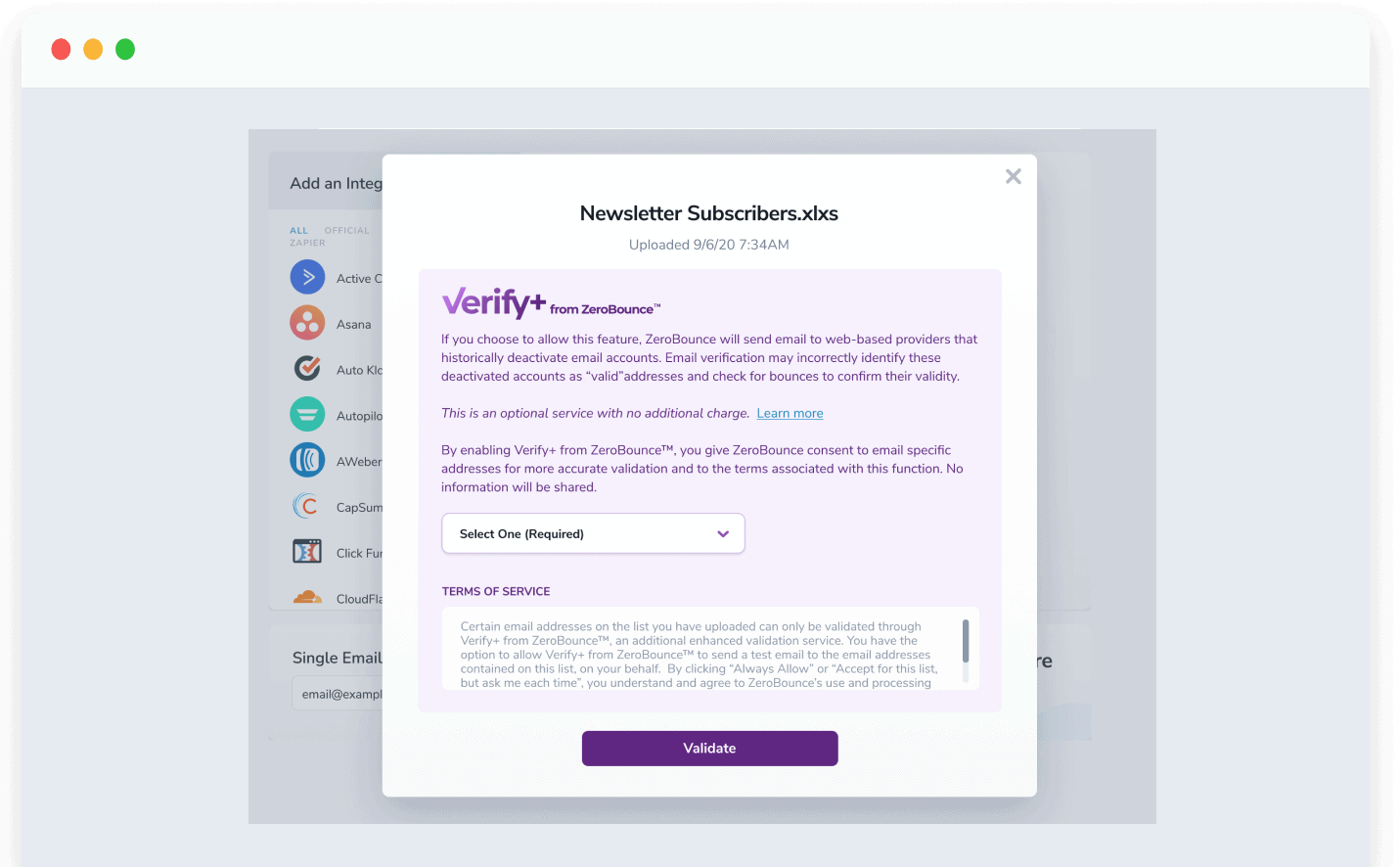 ZeroBounce’s consent pop-up that allows users to opt-in to the Verify+ from ZeroBounce email verification service.