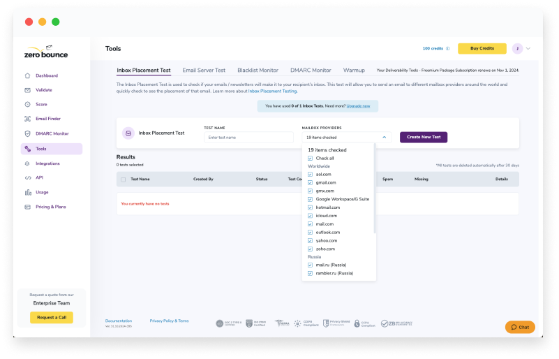 Inbox placement test