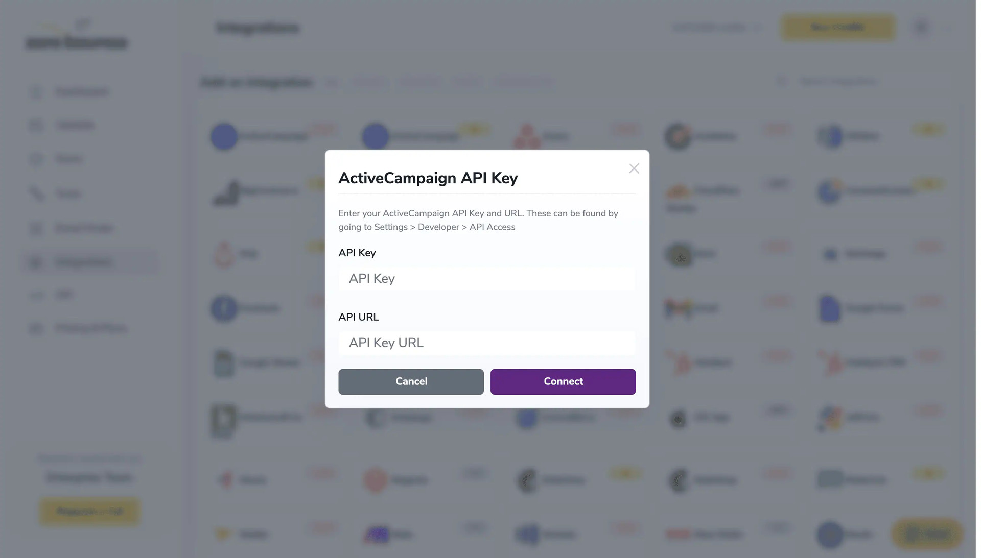 API Key pop-up modal