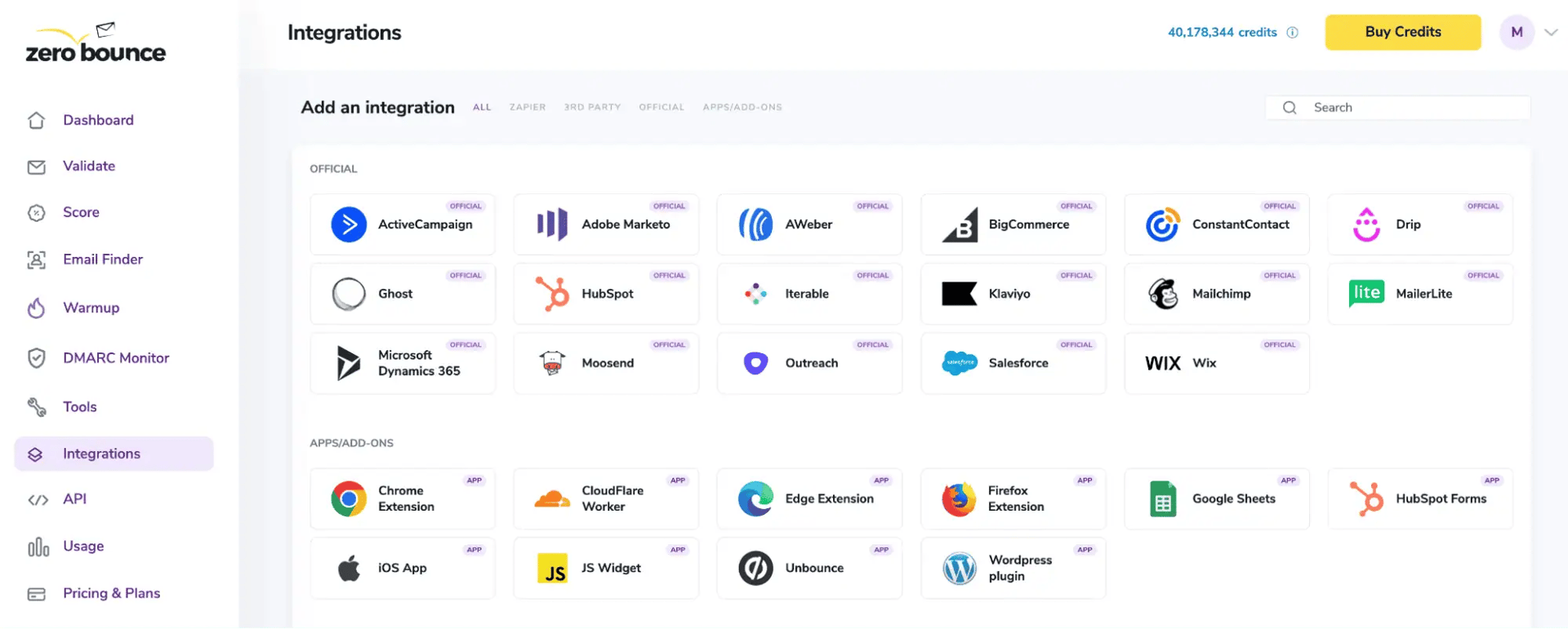 ZeroBounce Integrations Dashboard