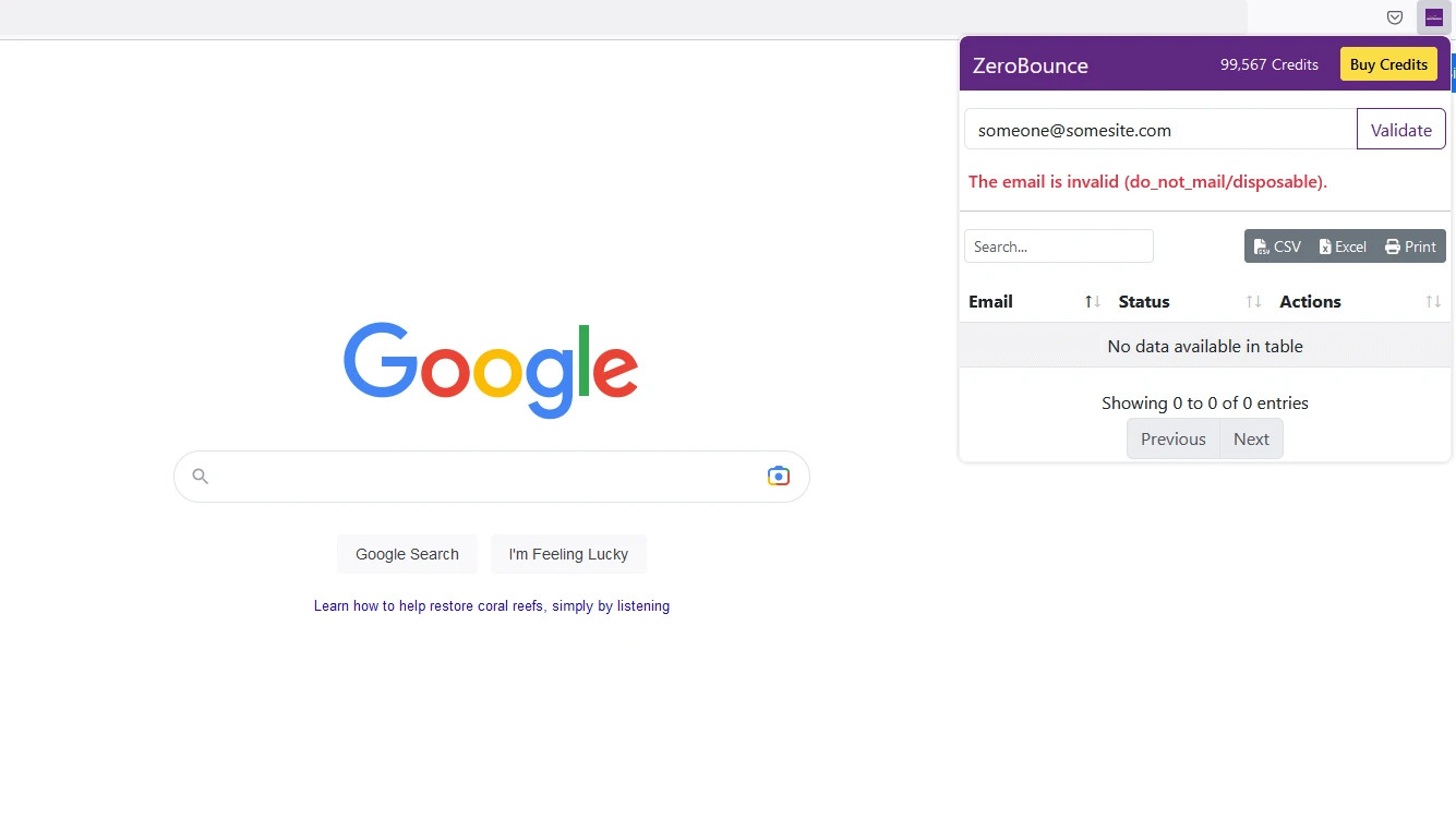 Email validation results in the ZeroBounce Email Validator extension