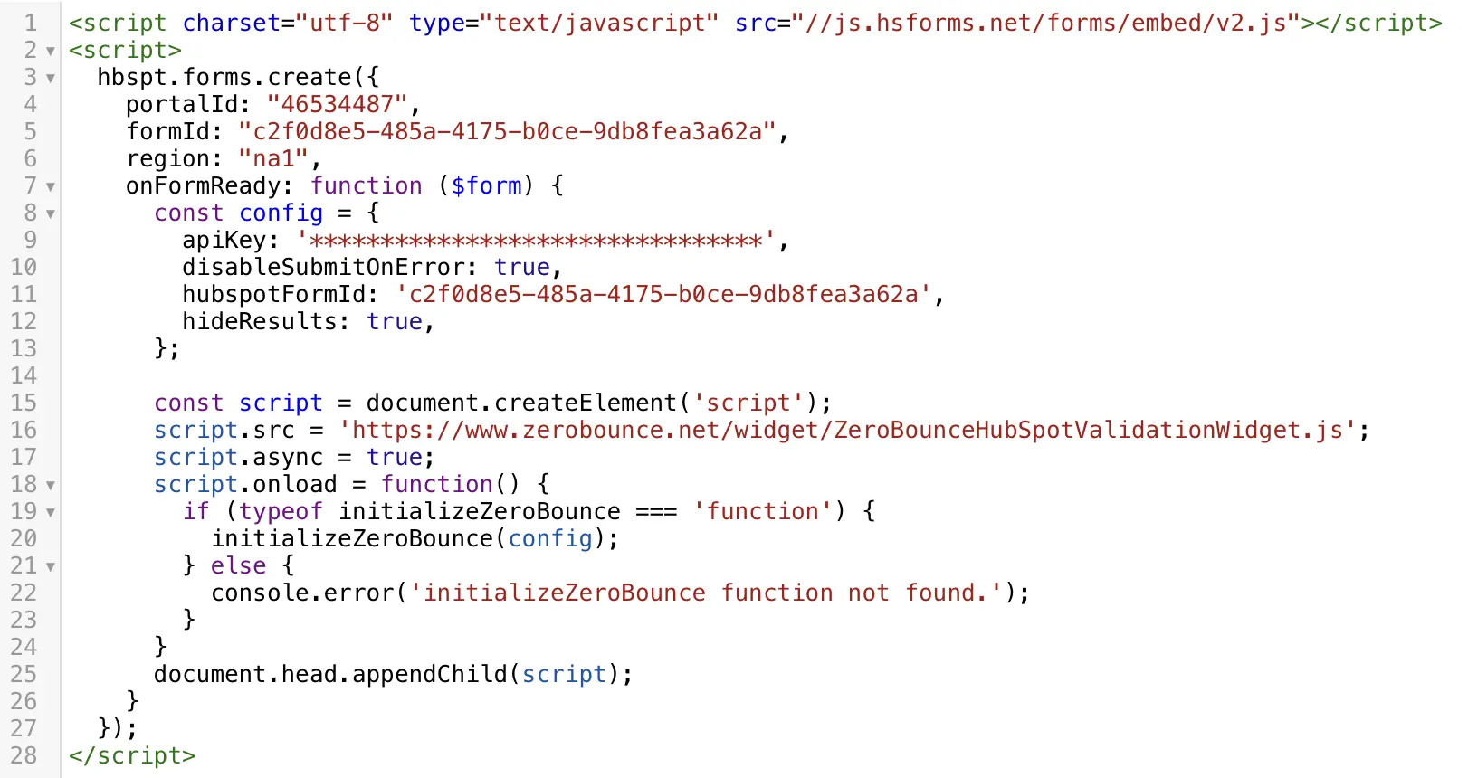 A website HTML/CSS editor with the HTML script for a HubSpot form.