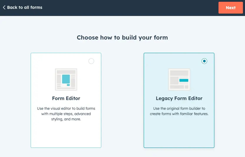 The HubSpot Forms menu with the option ‘Embedded form’ selected.