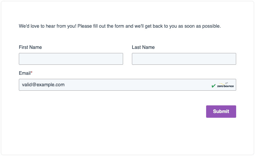 A website form with a validated email address, a green checkmark, and the ZeroBounce logo.
