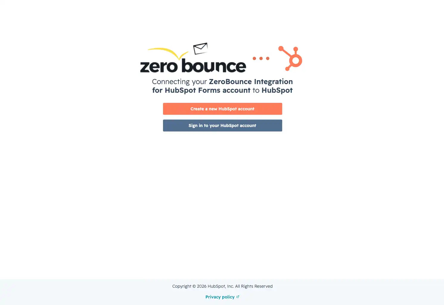 The ZeroBounce HubSpot Forms connection page with the buttons ‘Create a new HubSpot account’ and ‘Sign in to your HubSpot account.’