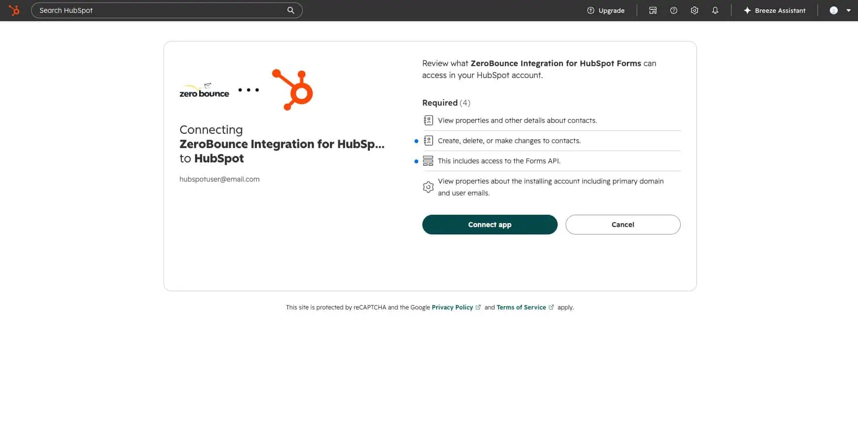 The HubSpot permissions screen for ZeroBounce Integration for HubSpot Forms, with a Connect app button.