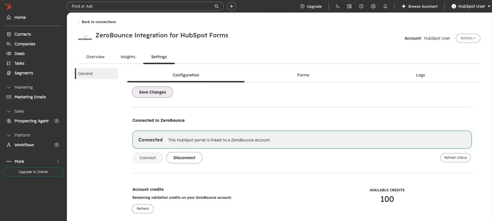 The Configuration tab of ZeroBounce Integration for HubSpot Forms, showing a Connected banner and available credits.