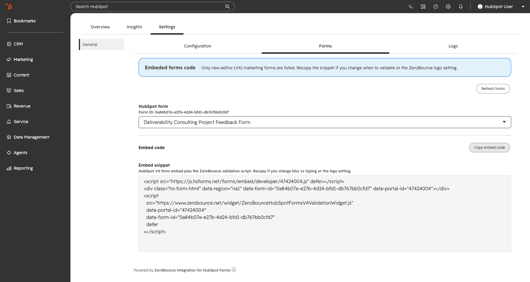 The ZeroBounce HubSpot Forms tab with the V4 marketing form list and Copy embed code control.