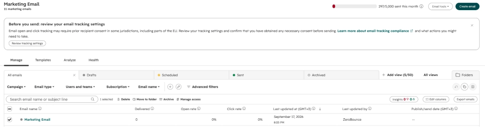 Screenshot: HubSpot Marketing Email list with draft updated by ZeroBounce