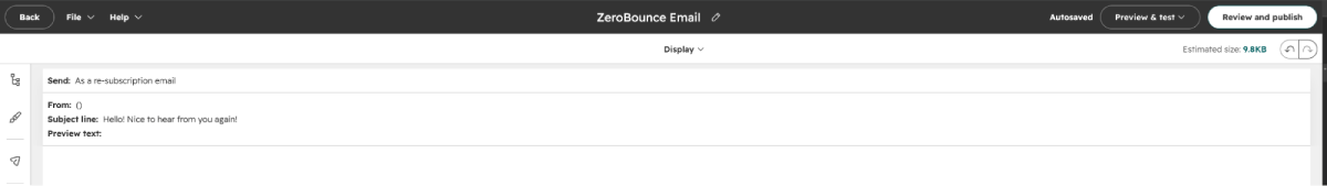 Screenshot: HubSpot email editor — Review and publish for ZeroBounce Email