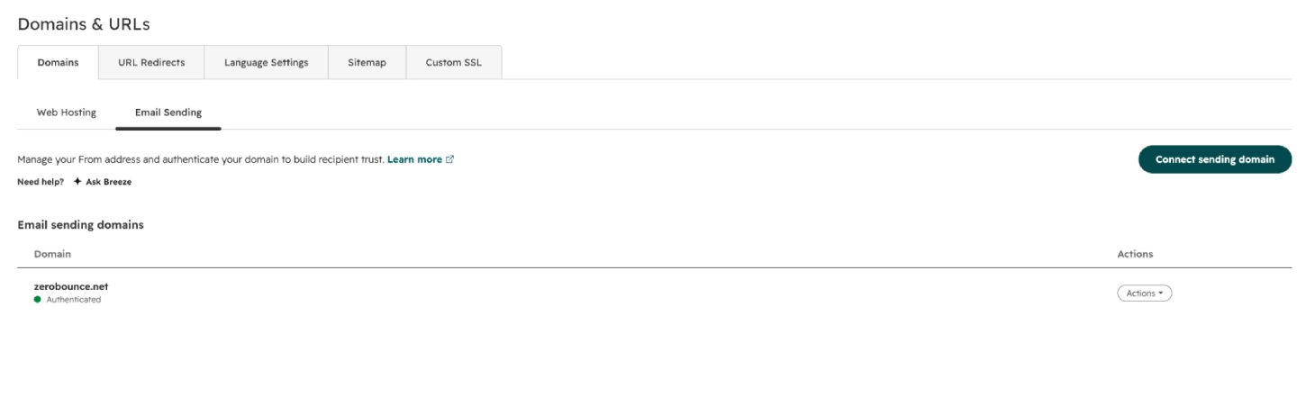 Screenshot: HubSpot Domains & URLs — Email Sending, domain marked Authenticated