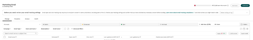 Screenshot: HubSpot Marketing Email — tracking-consent banner before you send