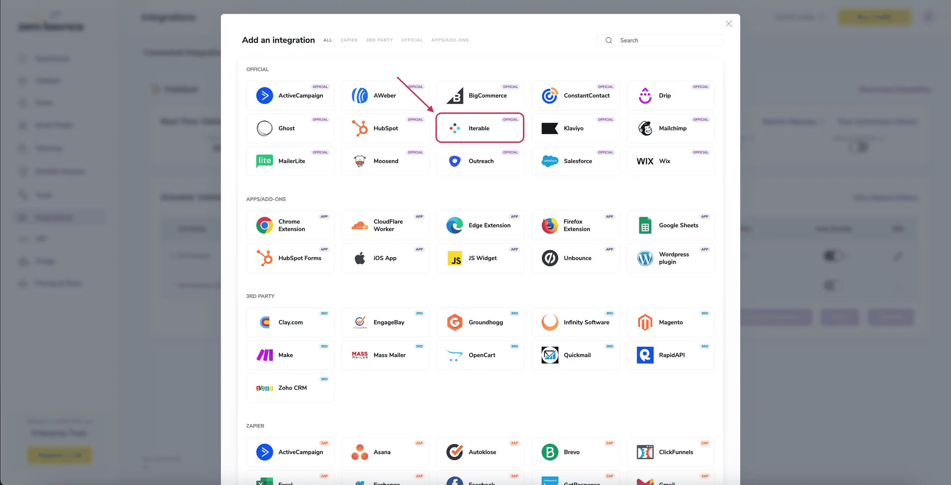 A popup greets you after selecting Iterable integration.