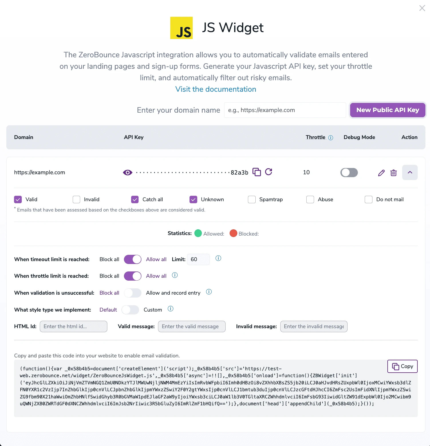 The ZeroBounce JS Widget integration menu in edit mode with the domain ‘https://example.com’ and an obscured API key with the final characters ‘3116e.’ It also includes Throttle, Action, and 7 validation categories.
