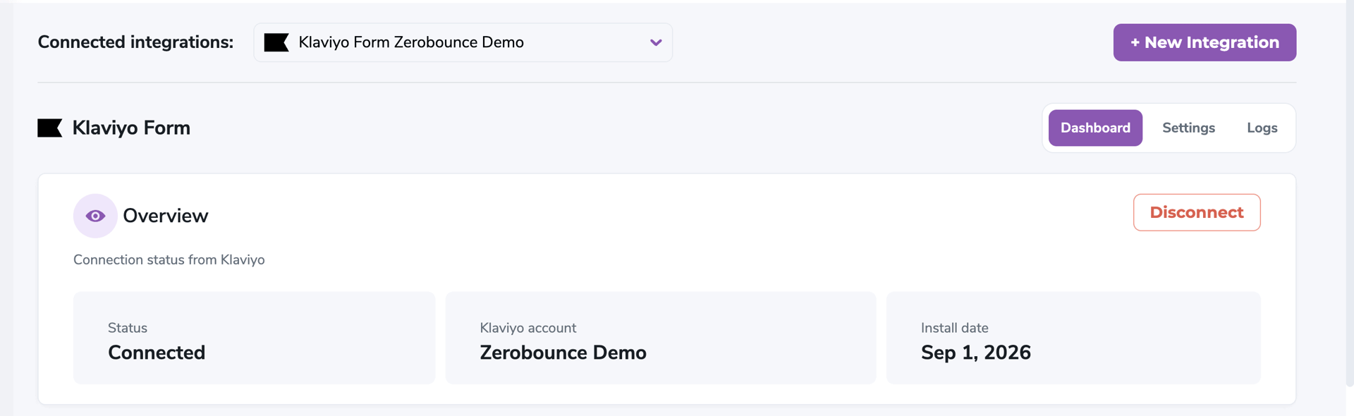 The Klaviyo Form Dashboard overview with connection status.